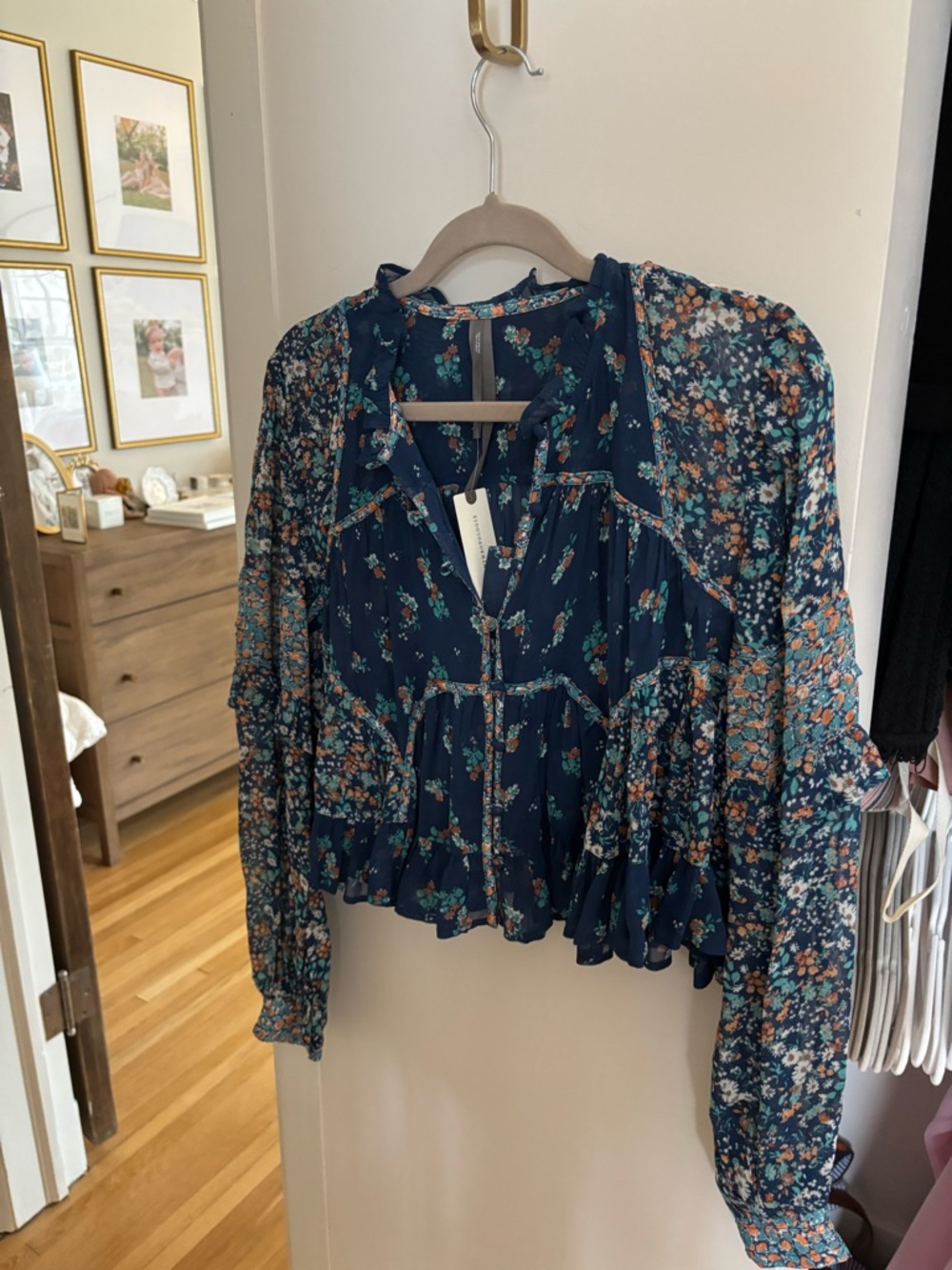 Anthropologie Navy Floral Ruffled Peasant Blouse